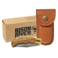 Bison River 3 3/4" Wood Folding Knife with Damascus Steel Blade and Leather Sheath