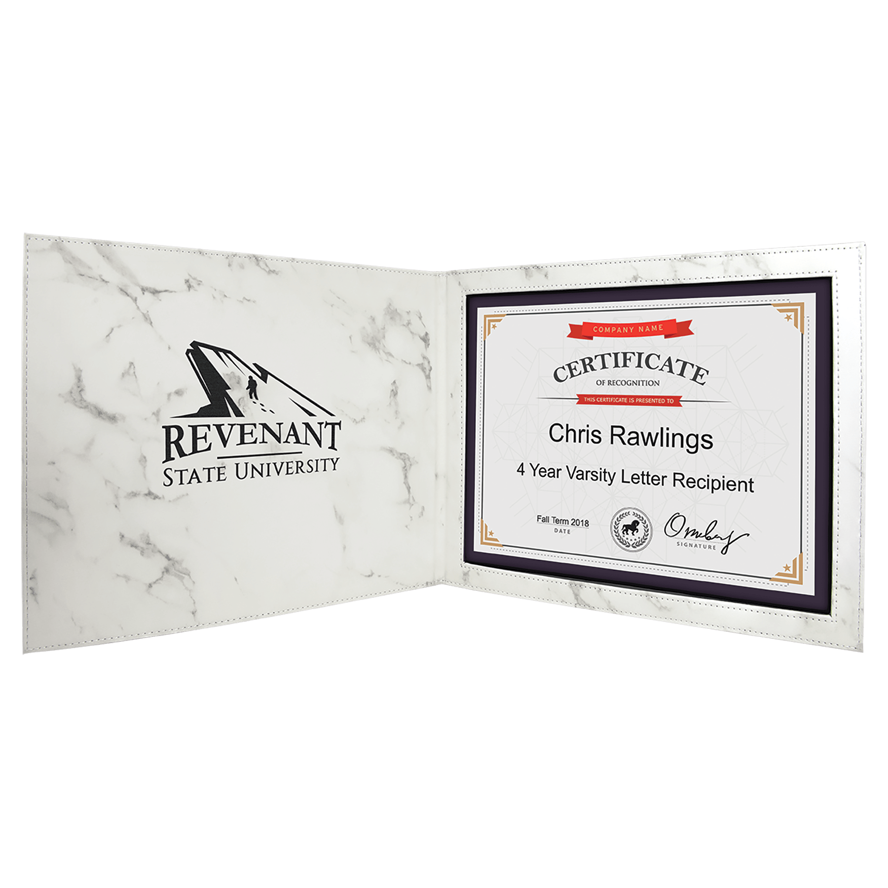 9" x 12" White Marble Laserable Leatherette Certificate Holder for 8 1/2" x 11"