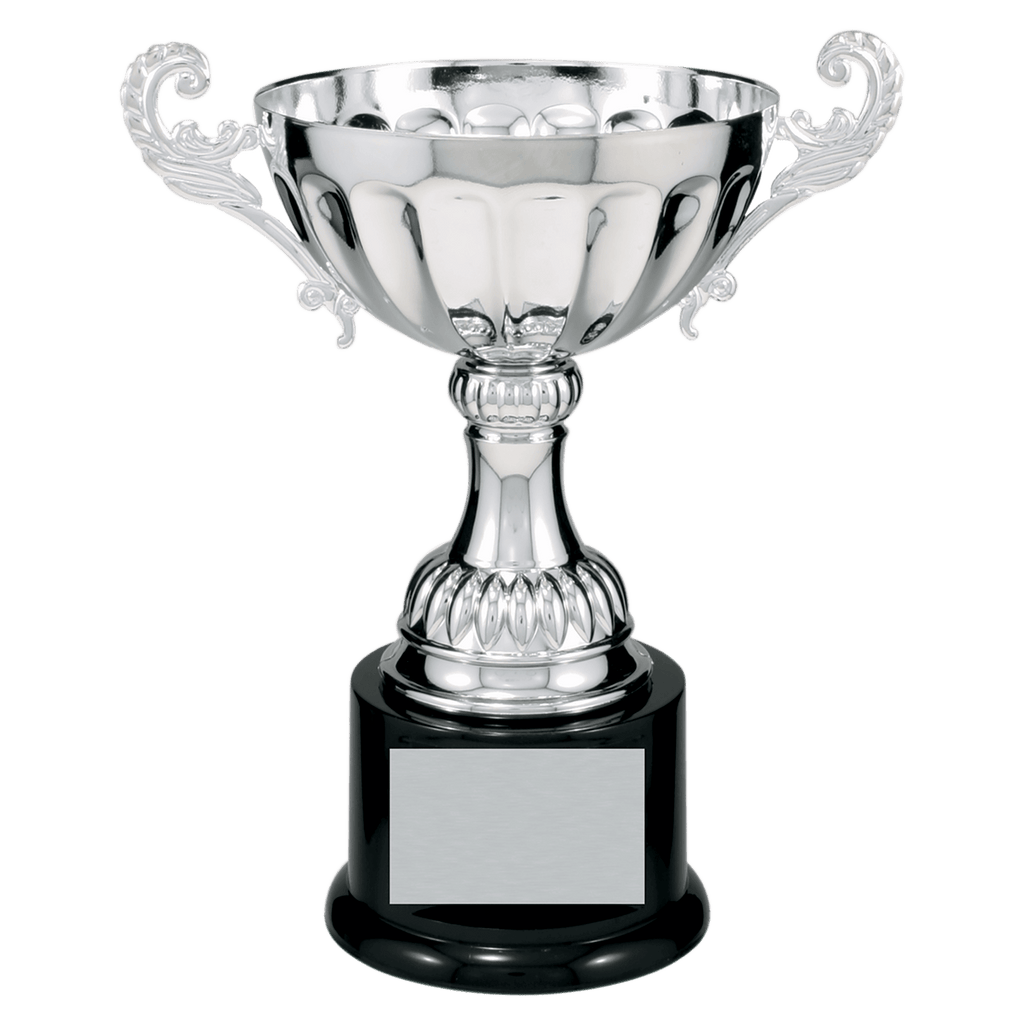 Silver 8 1/2" Completed Metal Cup Trophy on Plastic Base