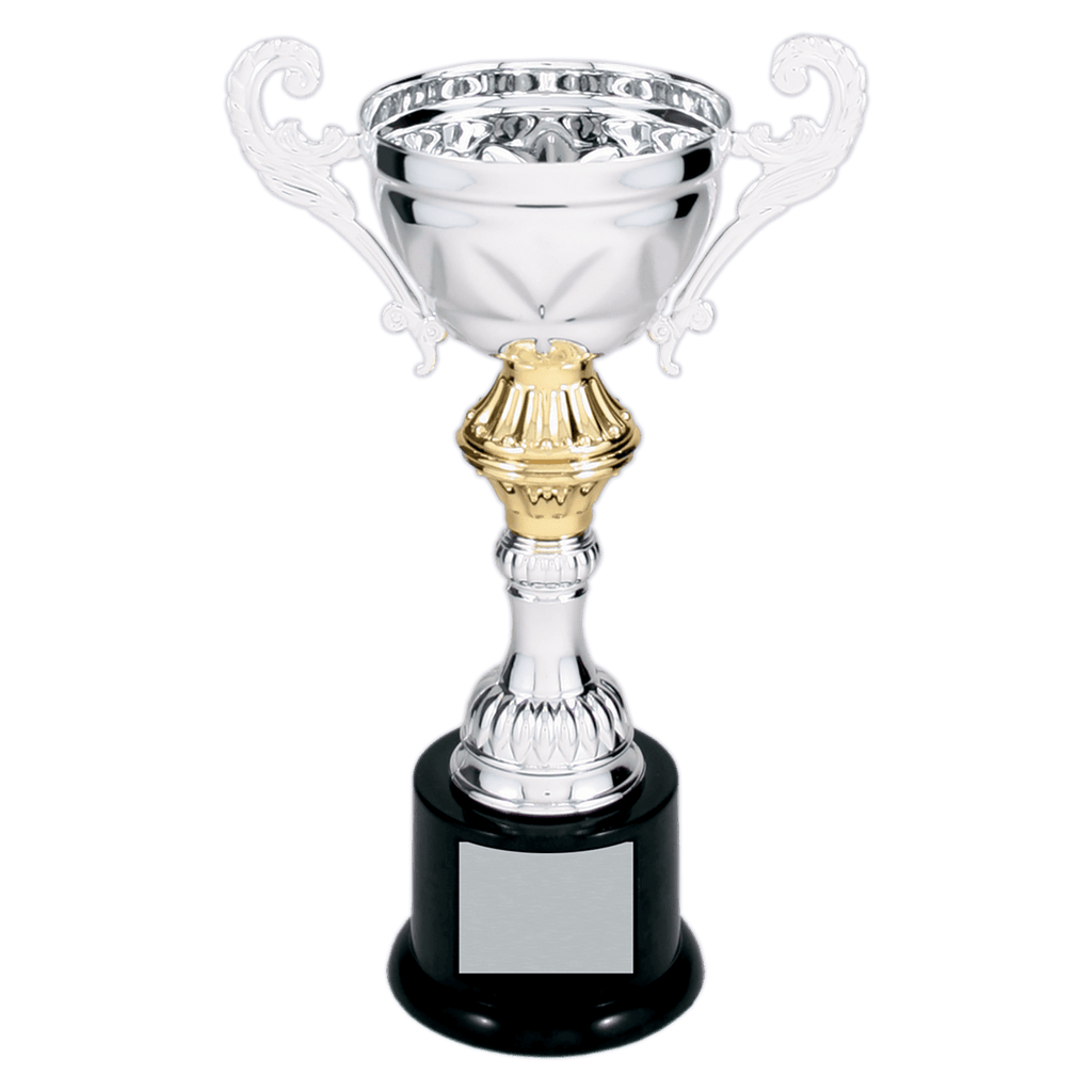 Silver 8 3/4" Completed Metal Cup Trophy on Plastic Base