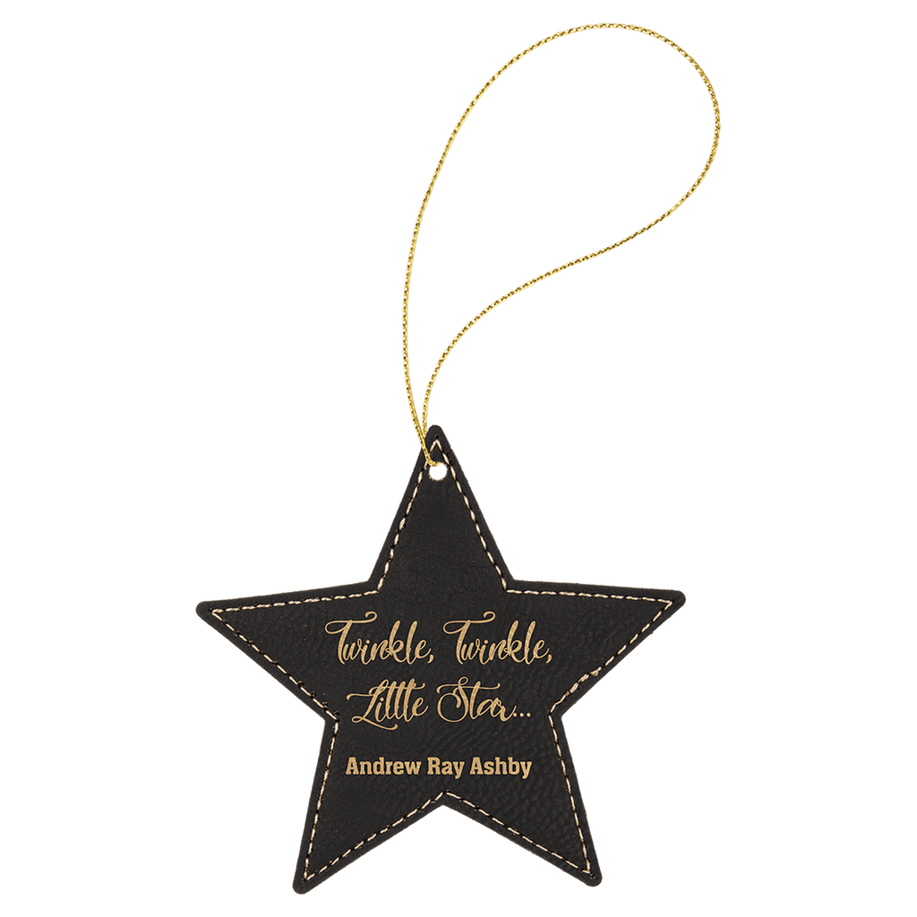 Black/Gold Laserable Leatherette Star Ornament with Gold String