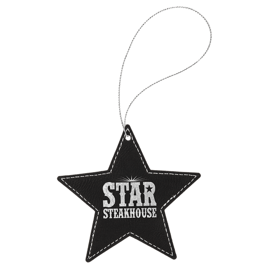 Black/Silver Laserable Leatherette Star Ornament with Silver String