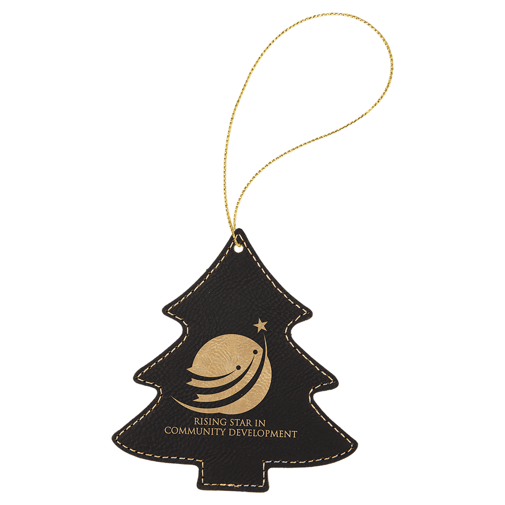 Black/Gold Laserable Leatherette Tree Ornament with Gold String