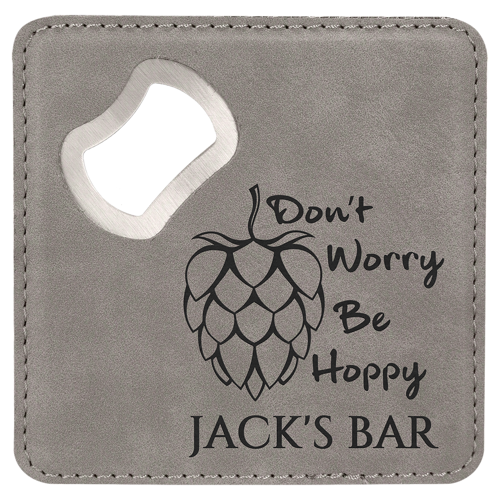 Gray 4" x 4" Square Laserable Leatherette Bottle Opener Coaster