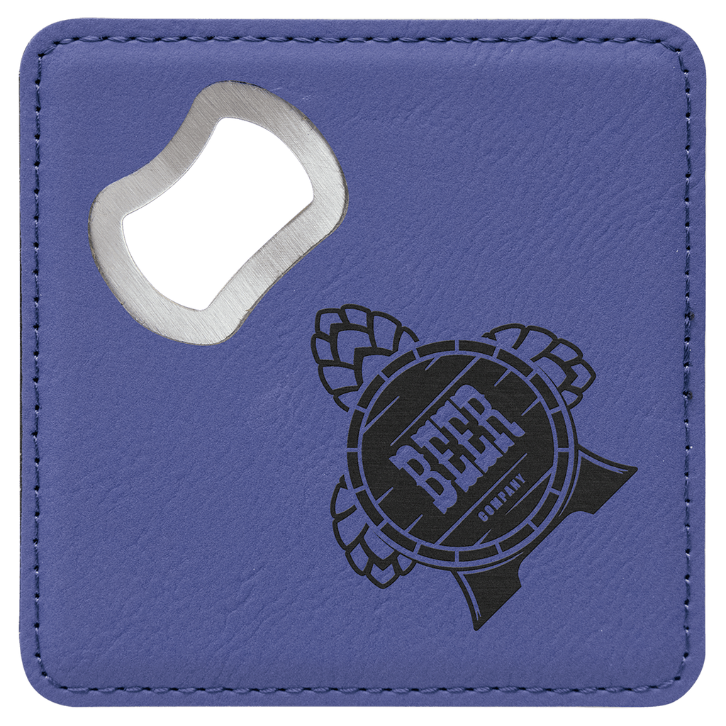 Purple 4" x 4" Square Laserable Leatherette Bottle Opener Coaster