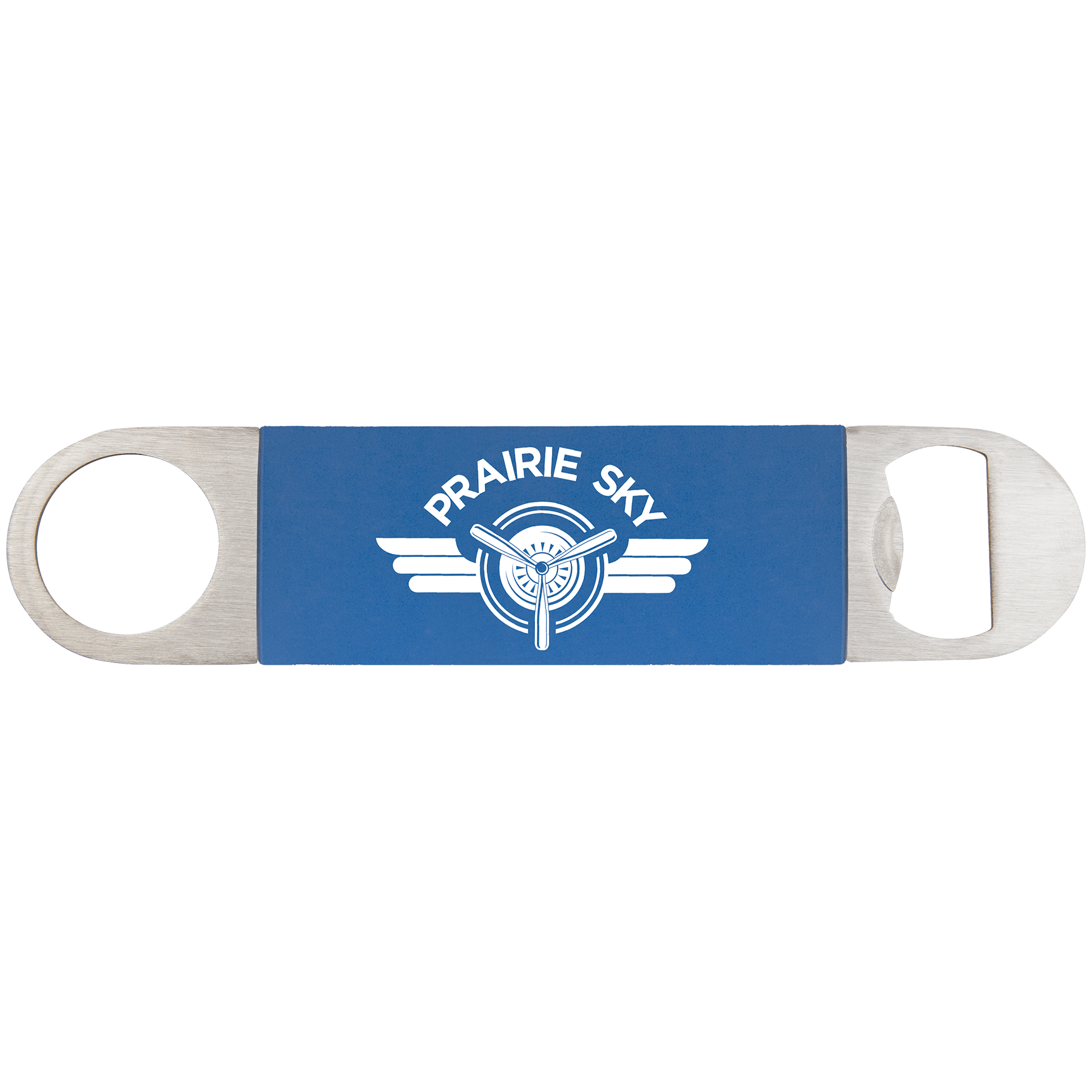 Blue/White 1 1/2" x 7" Bottle Opener with Silicone Grip