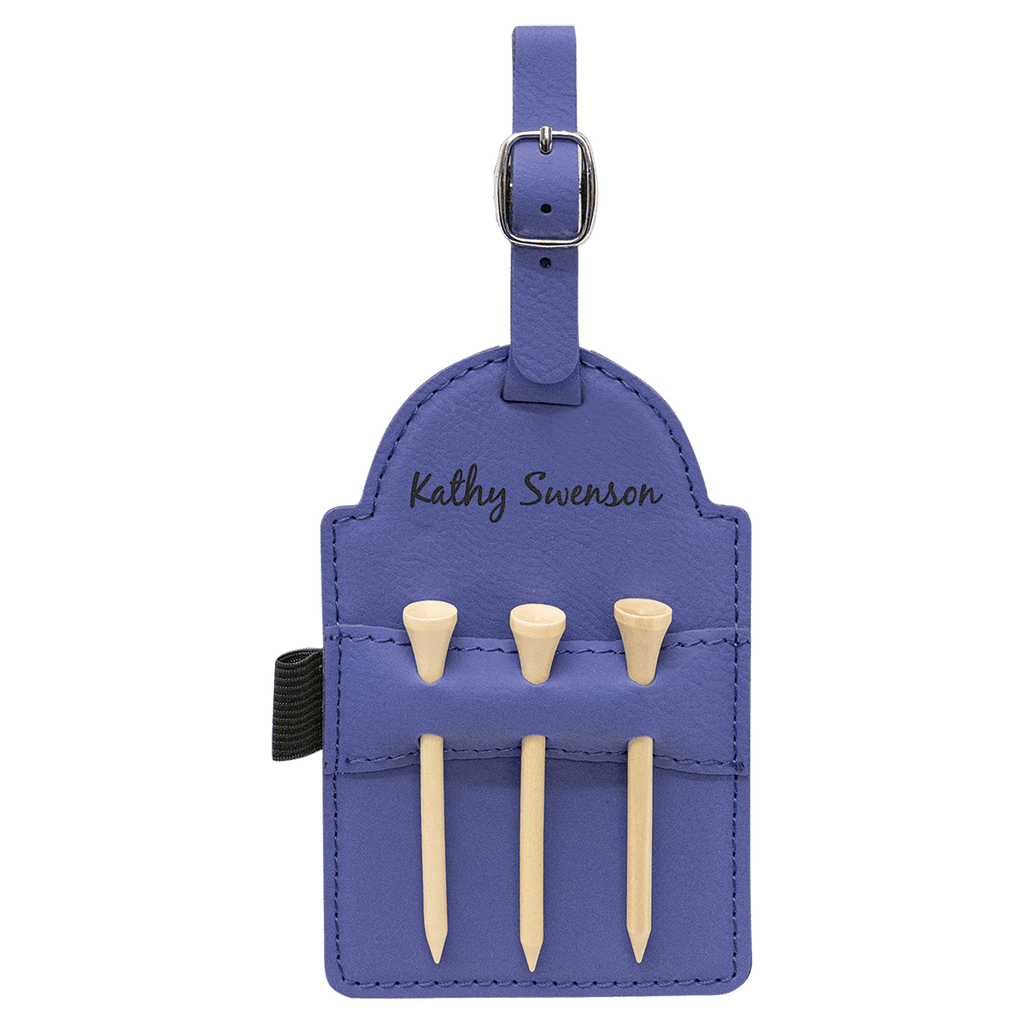 Purple 5" x 3 1/4" Laserable Leatherette Golf Bag Tag with 3 Wooden Tees