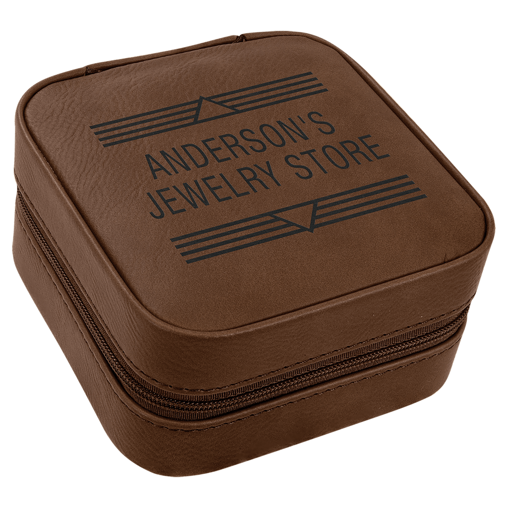 Dark Brown 4" X 4" Laserable Leatherette Travel Jewelry Box with Tan Lining