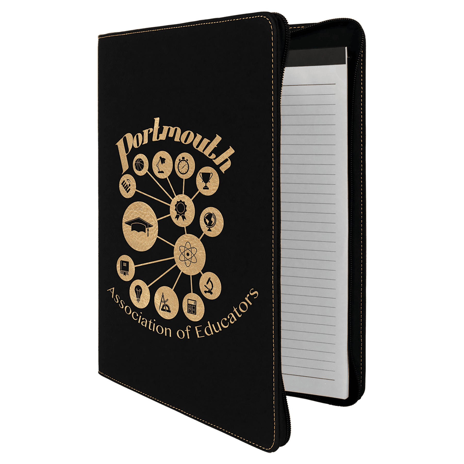 Black/Gold 9 1/2" x 12" with Zipper Laserable Leatherette Portfolio with Notepad