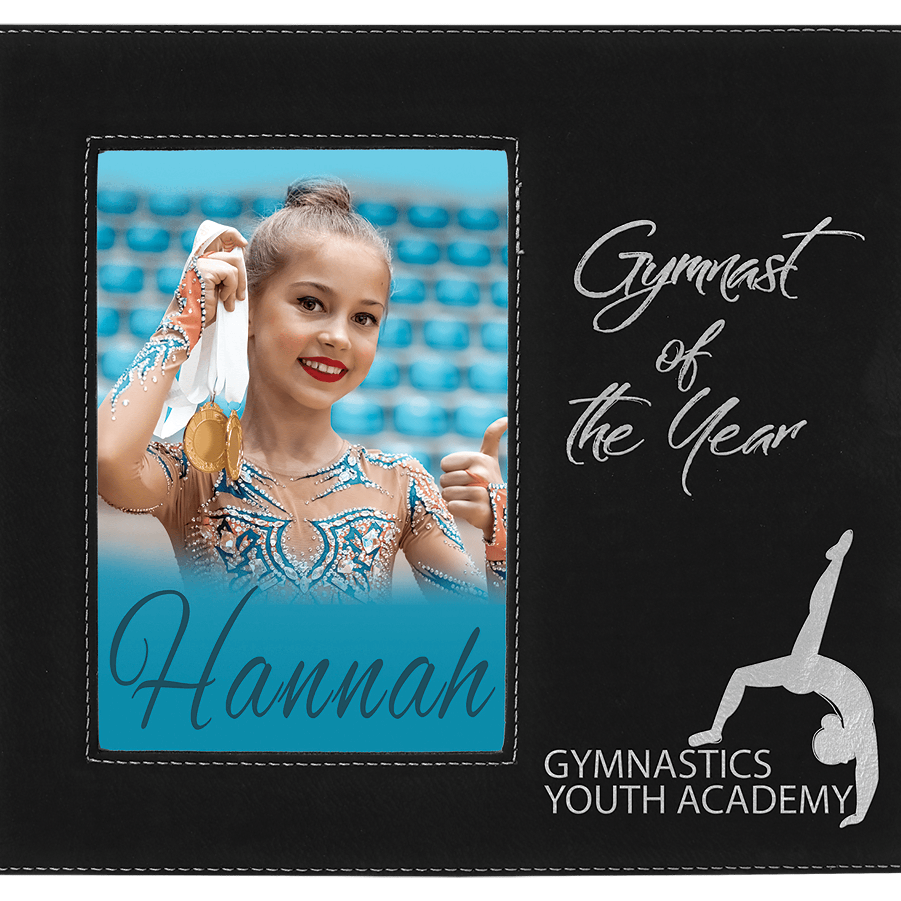 Black/Silver 5" x 7" Leatherette Photo Frame with 4 1/4" x 8 7/8" Engraving Area