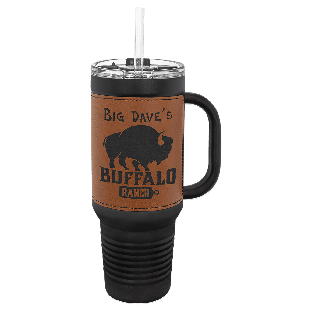 Black with Rawhide Polar Camel 40 oz. Black Leatherette Travel Mug with Handle & Straw