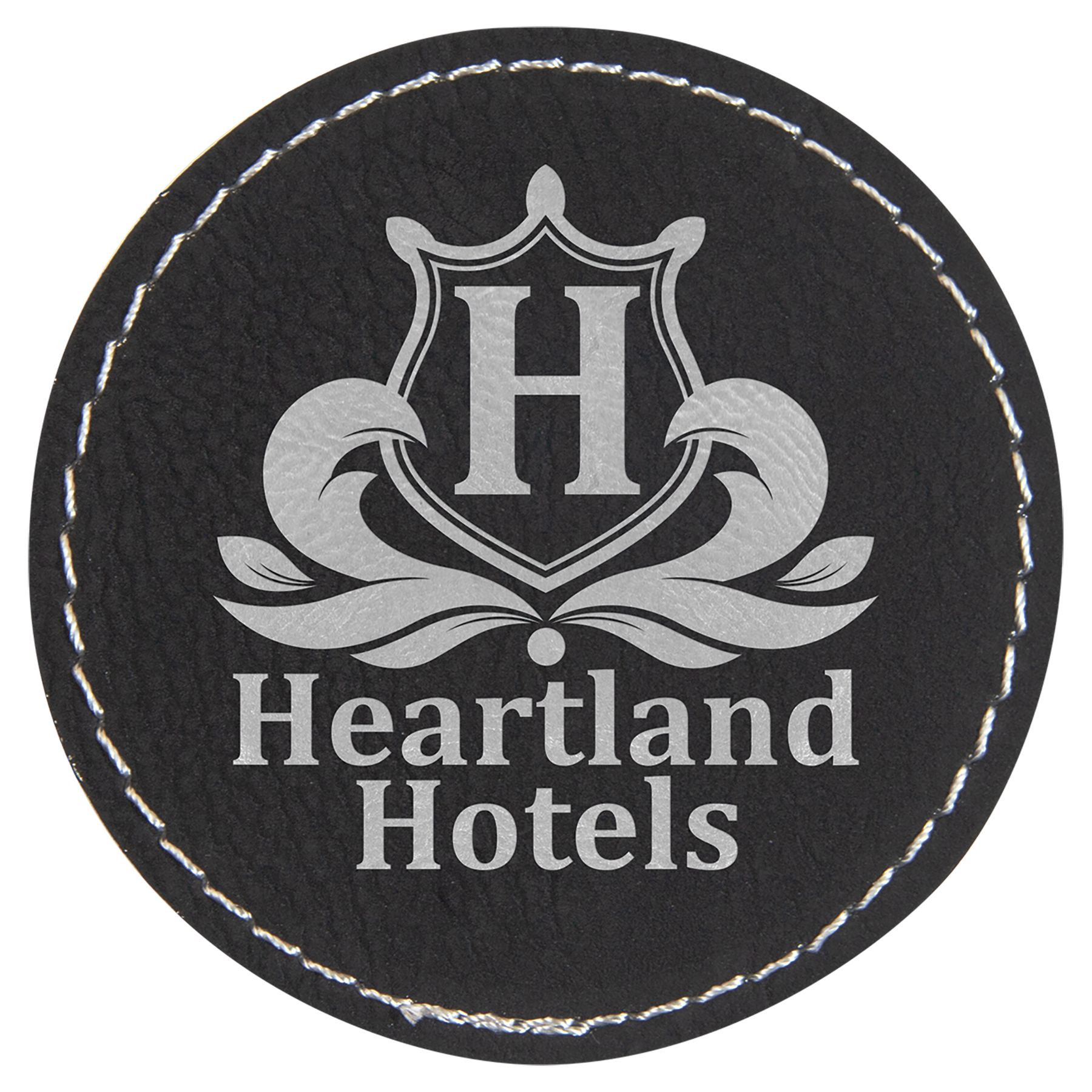 Black/Silver 2 1/2" Round Laserable Leatherette Patch with Adhesive