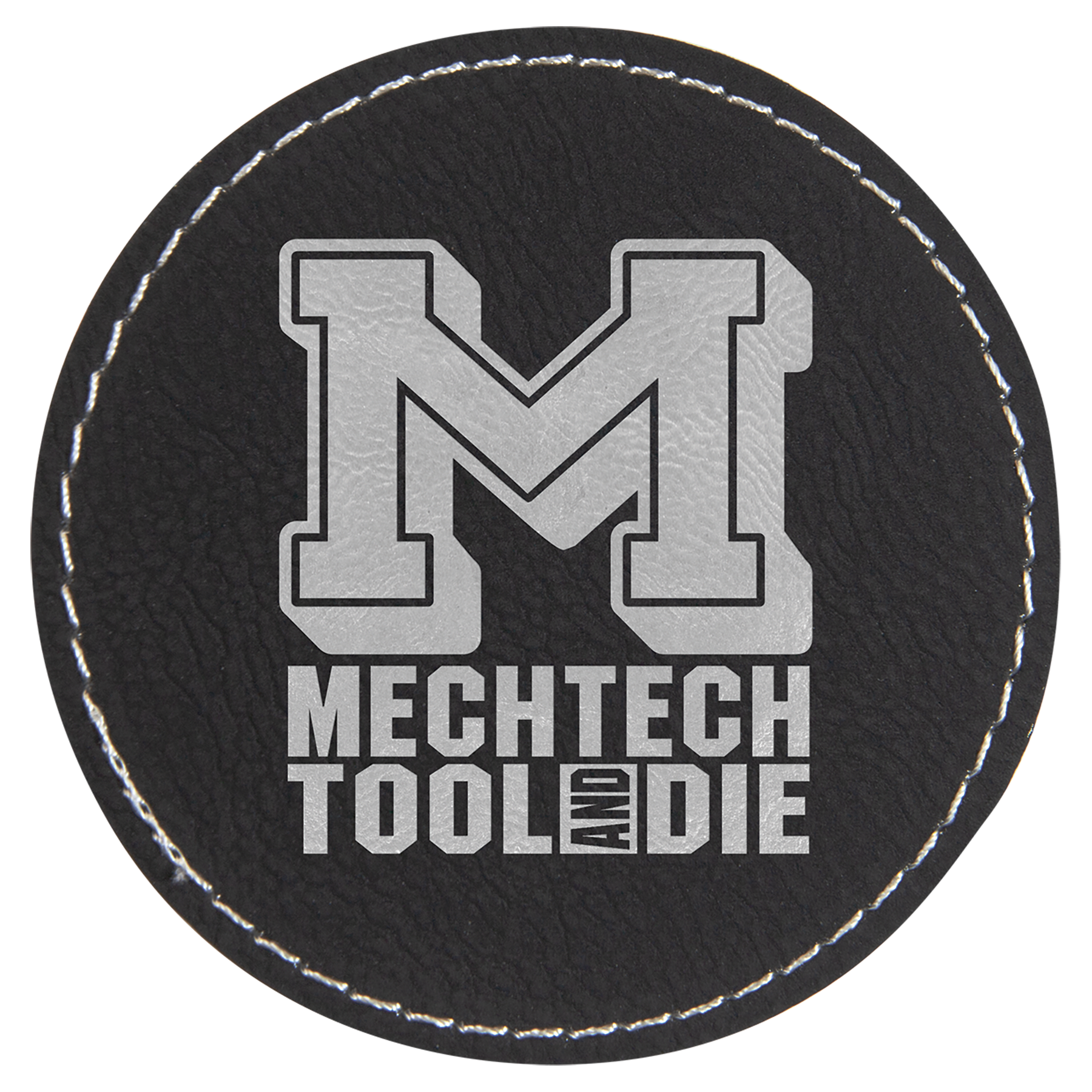 Black/Silver 3" Round Laserable Leatherette Patch with Adhesive