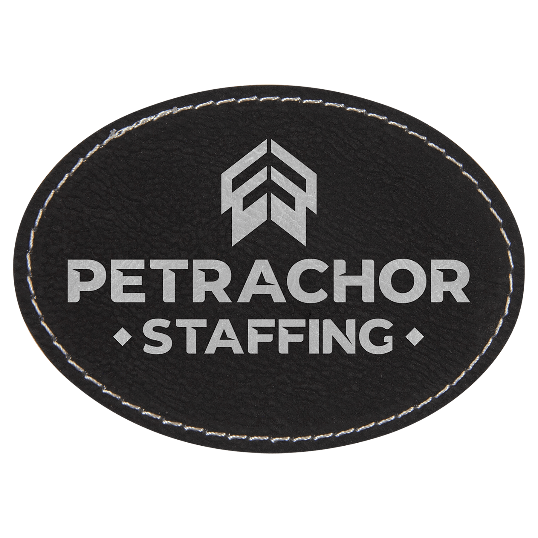 Black/Silver 3 1/2" x 2 1/2" Laserable Leatherette Oval Patch with Adhesive