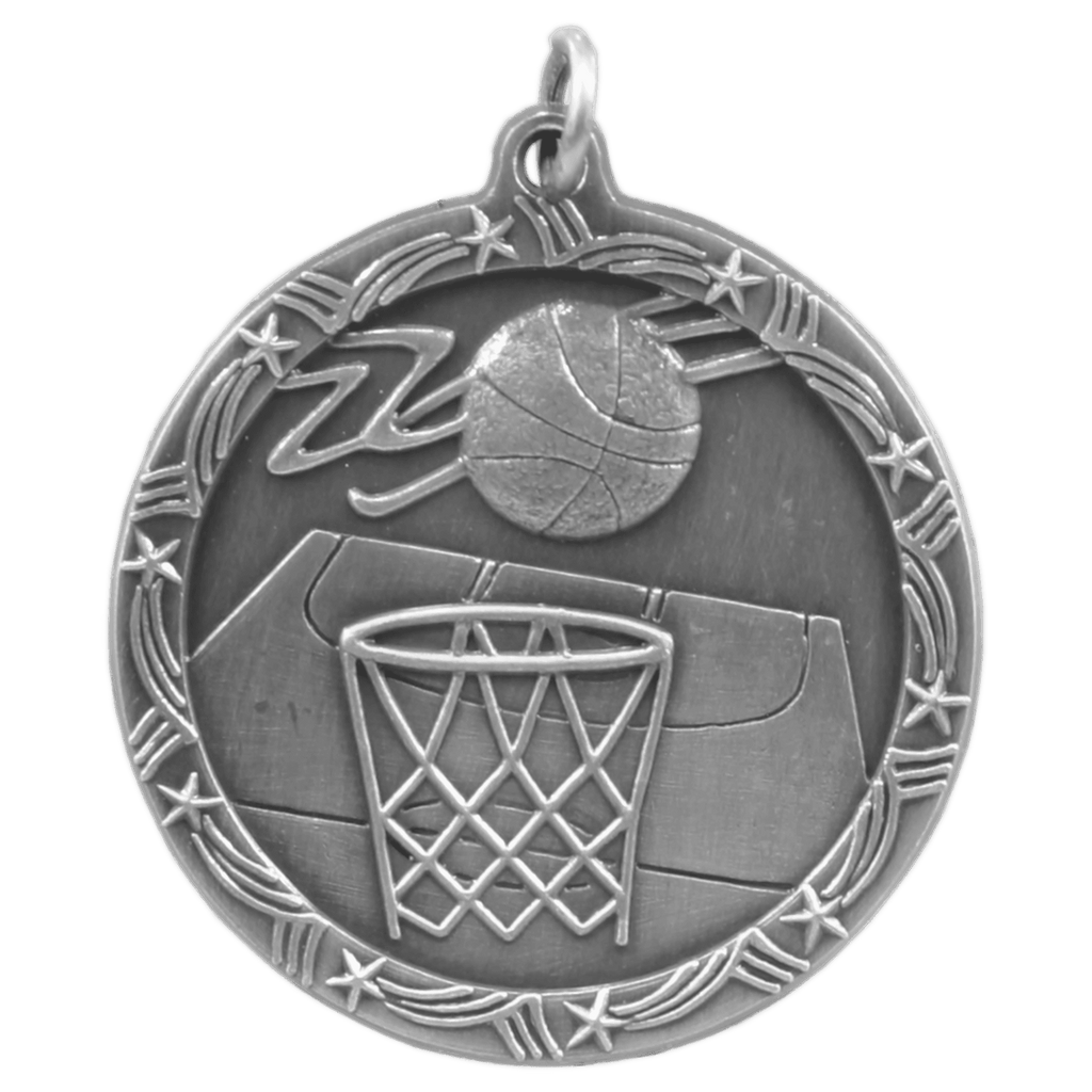 Antique Silver 1 3/4" Basketball Shooting Star Medal